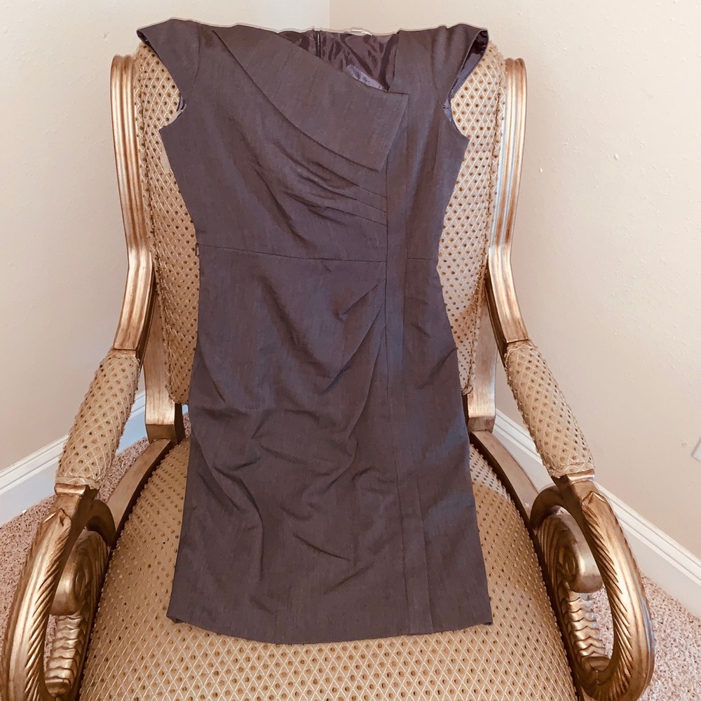 Knee length gathered front asymmetrical neck dress